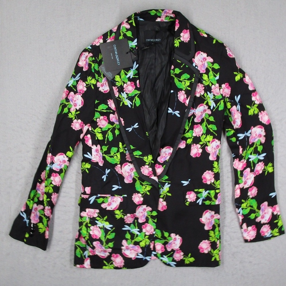 Cynthia Rowley Bourbon Rose Blazer Silk Floral Dragonfly Black XS 19S1JK01SK
